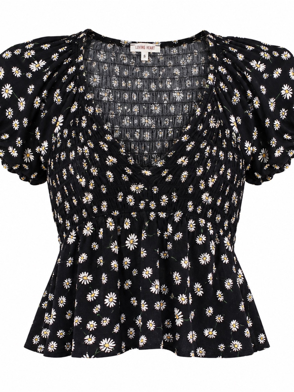 Lottie Moss Black Daisy Print Smocked Puff Sleeve Top M